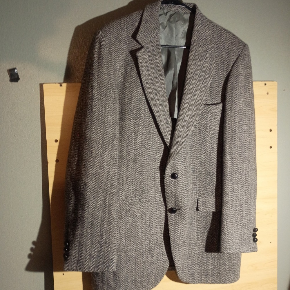 Harris Tweed Blazer Men 42 Long Grey Herringbone Wool Two Button USA Tailored